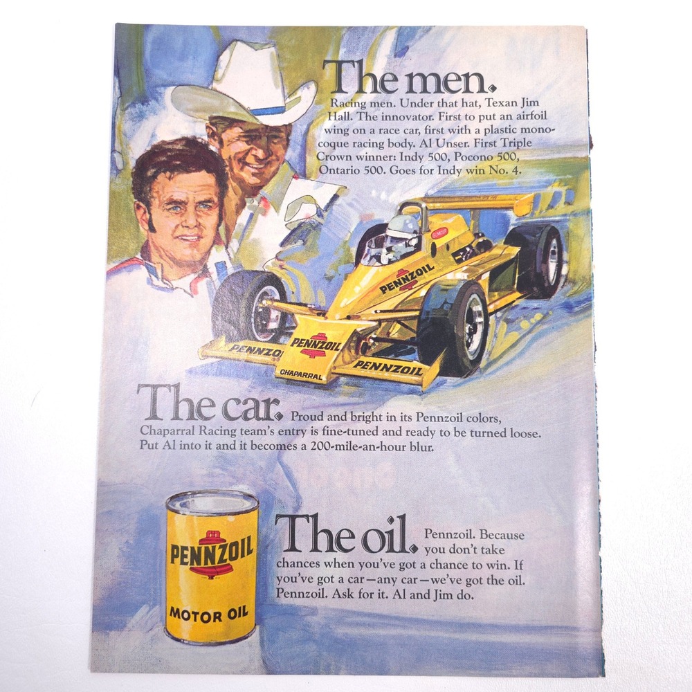 Pennzoil Jim Hall Al Unser Chaparral Racing Print Ad IndyCar Garage Illustration